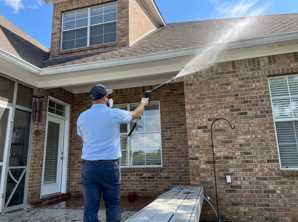 Brick house exterior being cleaned