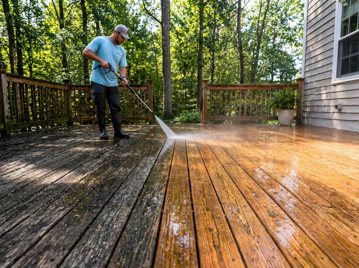 Wooden deck being professionally pressure washed