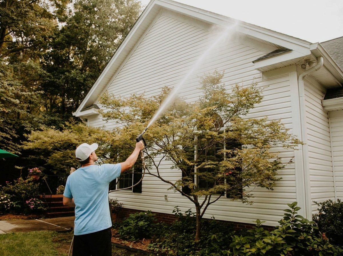 Soft-wash system cleaning residential siding