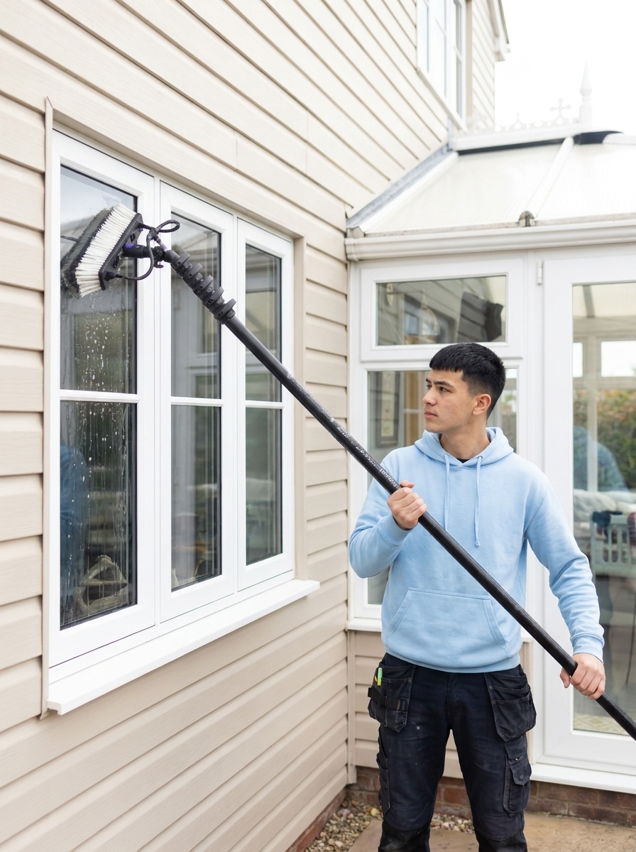 Home windows being cleaned with a water-fed pole