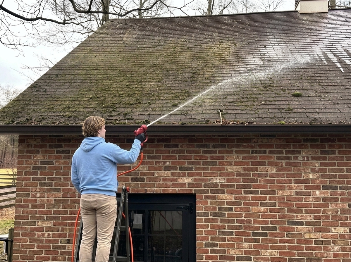 A technician applying a low-pressure soft-wash treatment to a home's exterior wall