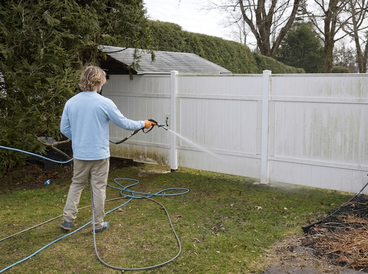 White vinyl fence being restored
